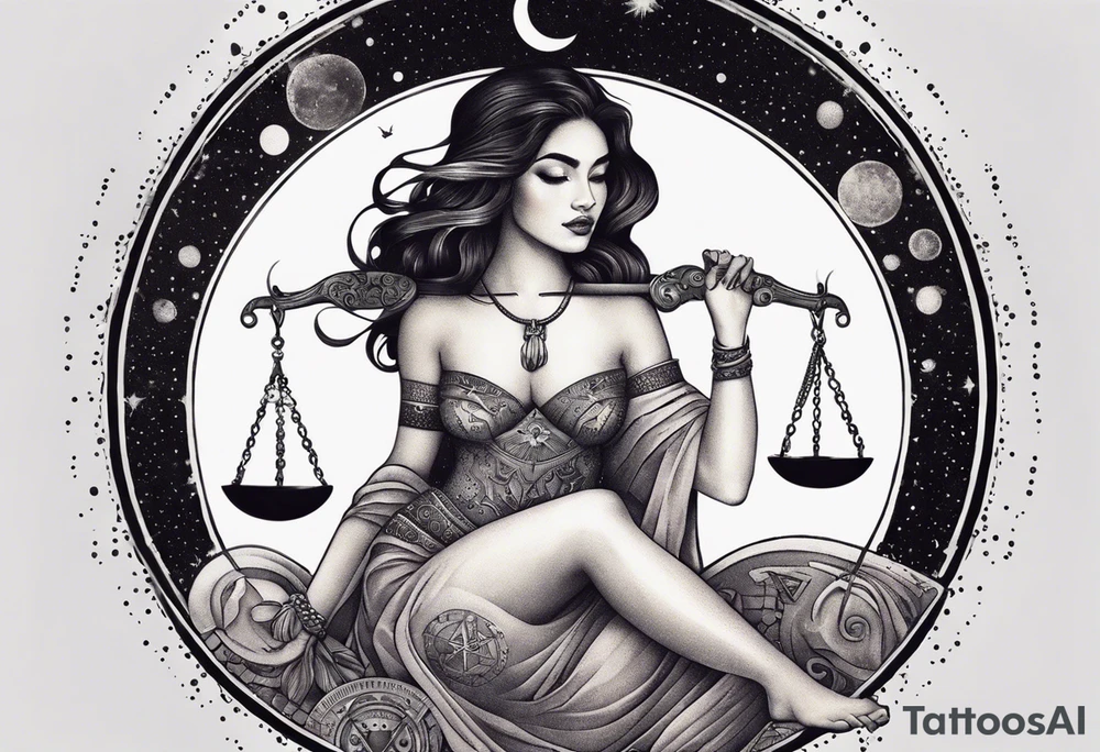 Libra woman holding scales with a night zodiac background including a half moon that encircles half of the woman with vibrant colors tattoo idea