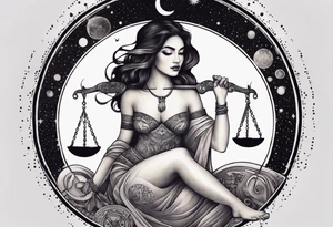 Libra woman holding scales with a night zodiac background including a half moon that encircles half of the woman with vibrant colors tattoo idea