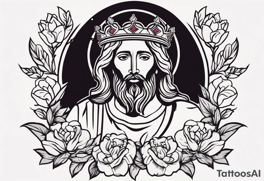 jesus with crown

old school vintage simple traditional design with vintage flowers surrounding
bold color simple tattoo idea