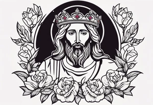 jesus with crown

old school vintage simple traditional design with vintage flowers surrounding
bold color simple tattoo idea