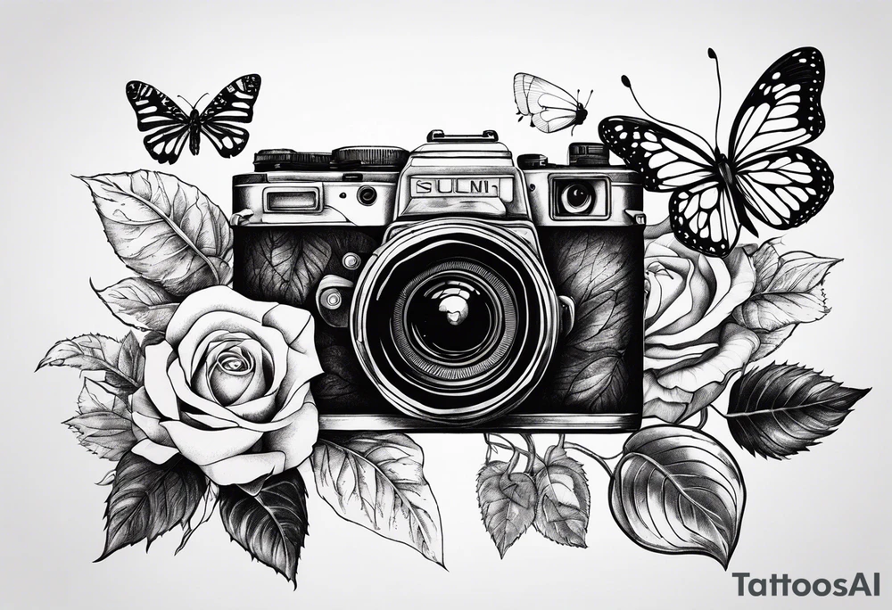 Flower : rose , sunflower, camera, small butterfly tattoo idea