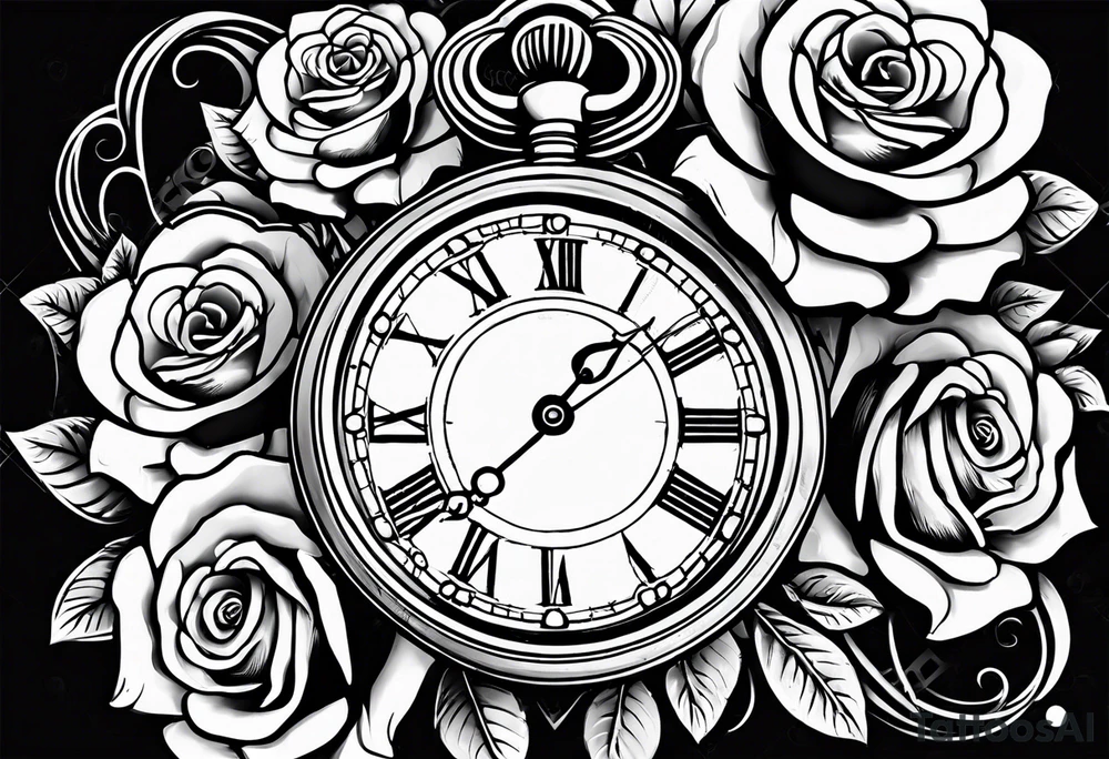 Pocket watch with chain and roses tattoo idea