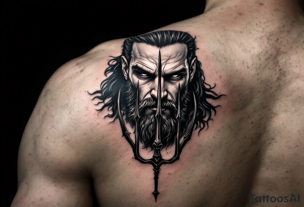 fit poseidon, behind a trident, looking at his nose tattoo idea