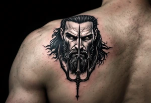 fit poseidon, behind a trident, looking at his nose tattoo idea