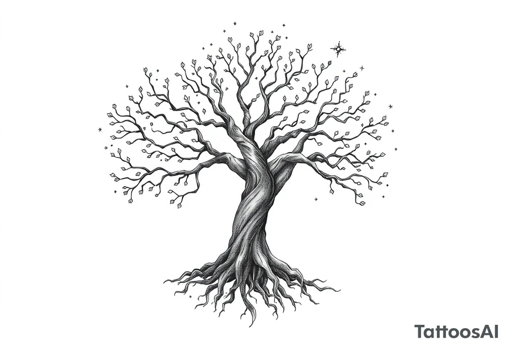 mystical tree of life with cosmic roots and celestial branches tattoo idea