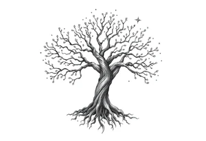 mystical tree of life with cosmic roots and celestial branches tattoo idea