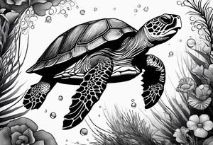 A serene turtle swimming underwater, detailed shell patterns visible, symbolizing patience and longevity.” tattoo idea