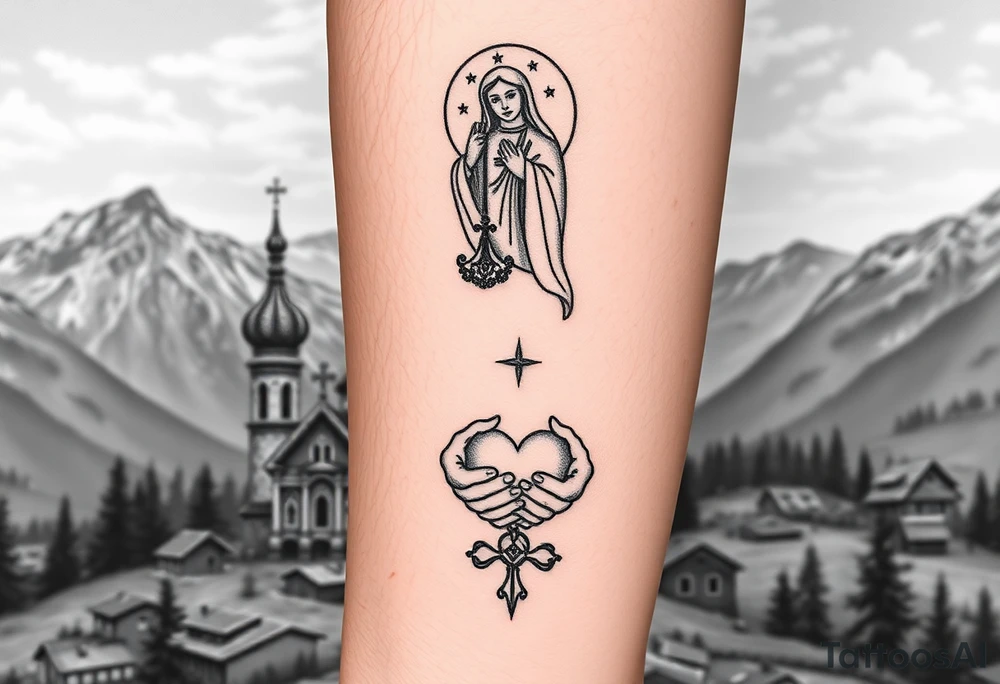 Russian Orthodox church with orthodox spire crosses in a mountainous village setting, with a holy glow around the church, and a virgin mary sat seperately above looking over hands on heart sat above tattoo idea