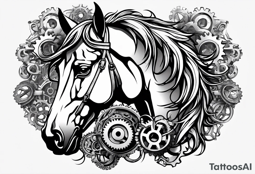 A horse head made out of gears tattoo idea