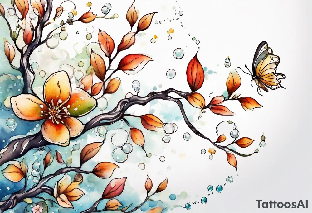 Winding branches and leaves and tiny flowers with a small moth and bubbles tattoo idea