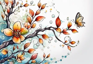 Winding branches and leaves and tiny flowers with a small moth and bubbles tattoo idea
