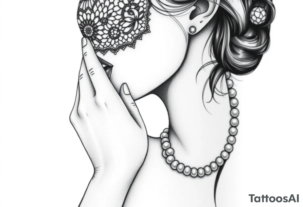 Black and white profile of woman with chin pressed on hand, lace covering  her eyes as and pearl necklace biting pearls sexy tattoo idea