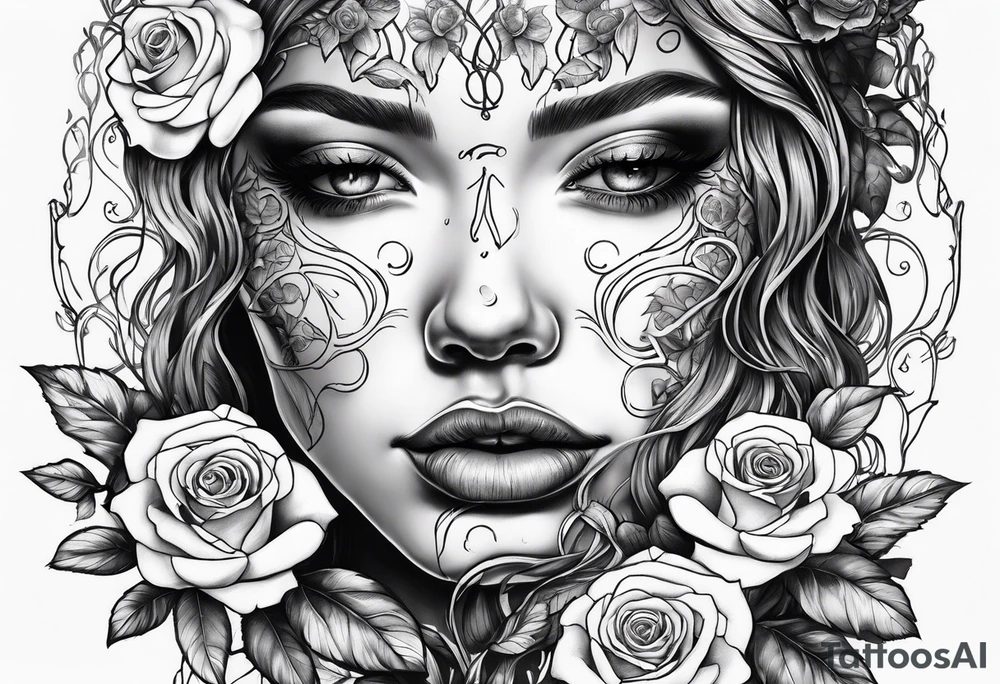 Metallic vines and roses with a crying face tattoo idea