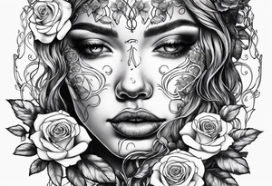Metallic vines and roses with a crying face tattoo idea