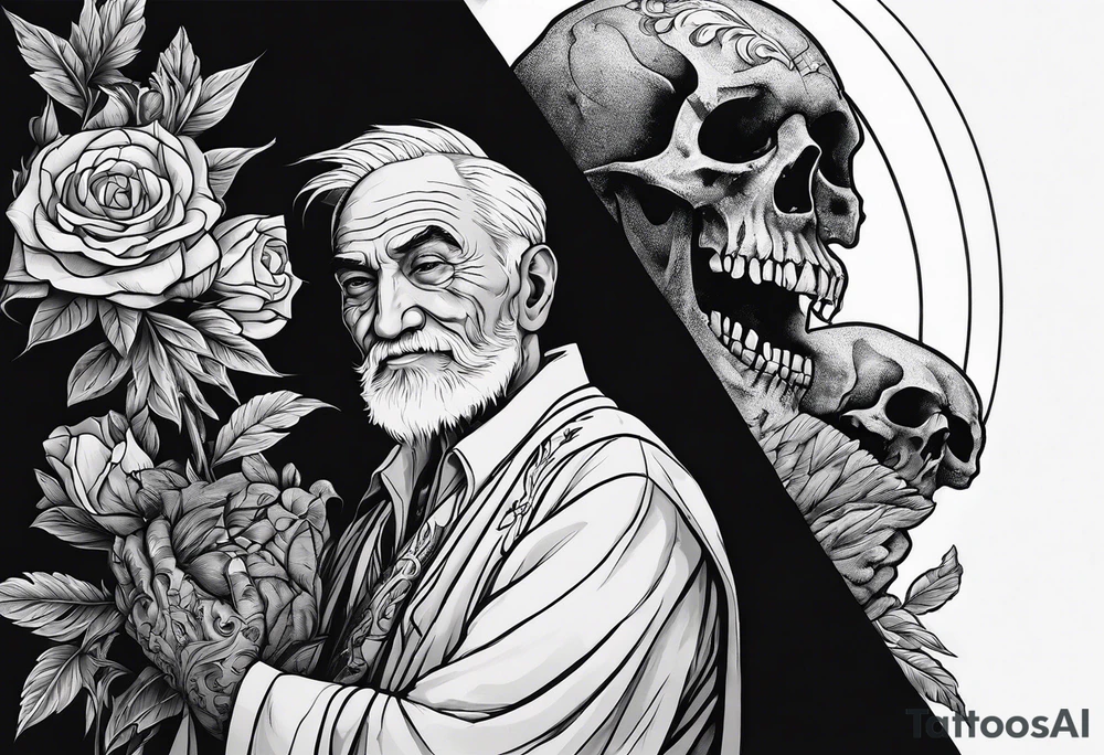 old man in cloak wrestling with a skeleton tattoo idea