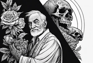 old man in cloak wrestling with a skeleton tattoo idea