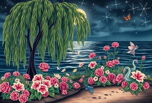 Night time. Ocean.  weeping willow garden with roses and lilies flower beds, fairies, mermiads, dragons butterflies,  cat paw prints path in dirt. tattoo idea