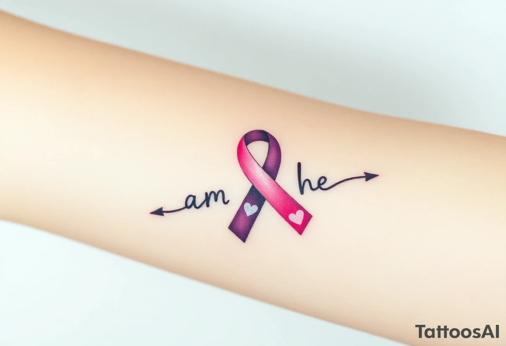 ‘I am here’ with breast cancer pink ribbon arrow heartbeat rhythm tattoo idea