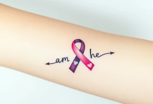 ‘I am here’ with breast cancer pink ribbon arrow heartbeat rhythm tattoo idea