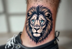 A blue-eyed lion in grayscale has the vivid Leo star constellation etched into its mane using white ink. tattoo idea