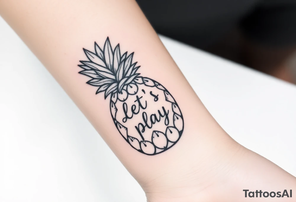 A black ink wrist tattoo featuring a realistic yet minimalistic pineapple. The pineapple is finely detailed with clean, precise lines, capturing the natural texture of the fruit while keeping the design subtle and uncluttered. Inside the body of the pineapple, the phrase "Let's play" is clearly placed in a bold but not overly thick font, ensuring readability while maintaining balance with the overall design. The leaves of the pineapple have a fine-line style with slight variations in thickness for a natural feel. The tattoo blends fine details with subtle bold elements, creating a clean and modern aesthetic. tattoo idea
