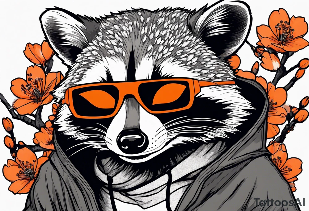 raccoon wearing a black and white Superman hoodie and orange Japanese cherry blossoms tattoo idea