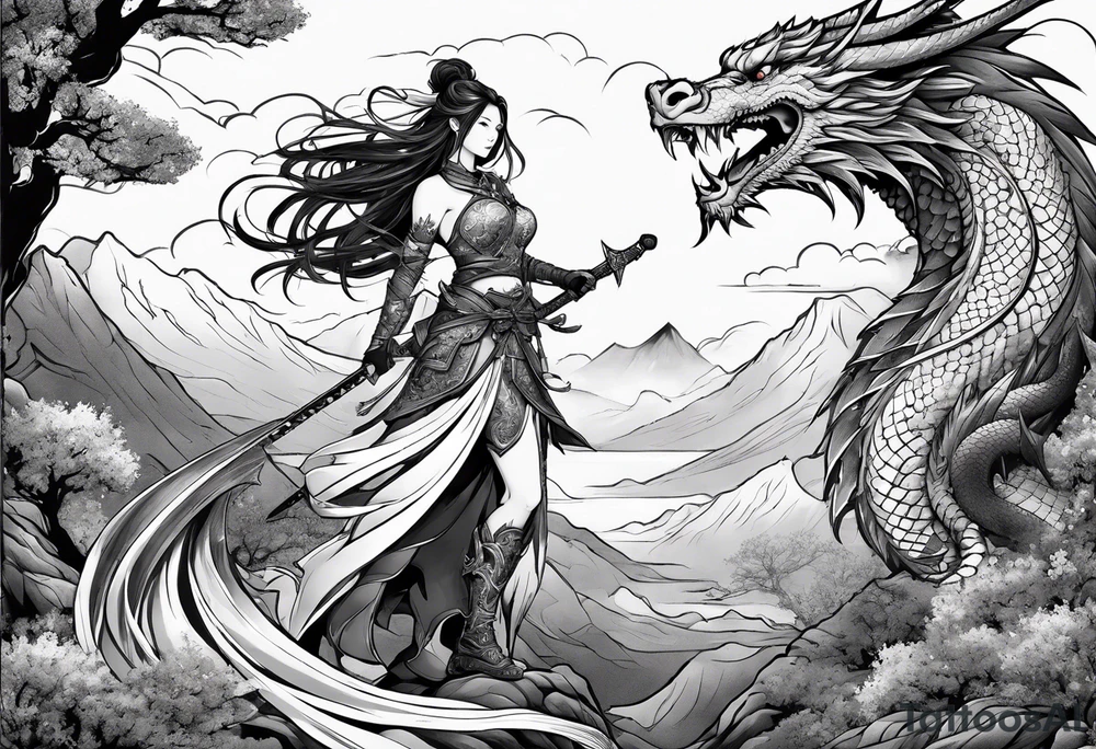 warrior nymph full body with sword and a full dragon with a mountain background tattoo idea