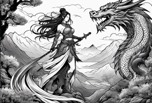 warrior nymph full body with sword and a full dragon with a mountain background tattoo idea