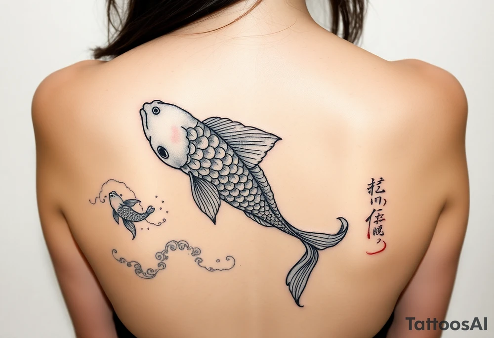 traditional koi fish swimming upstream through turbulent waves tattoo idea
