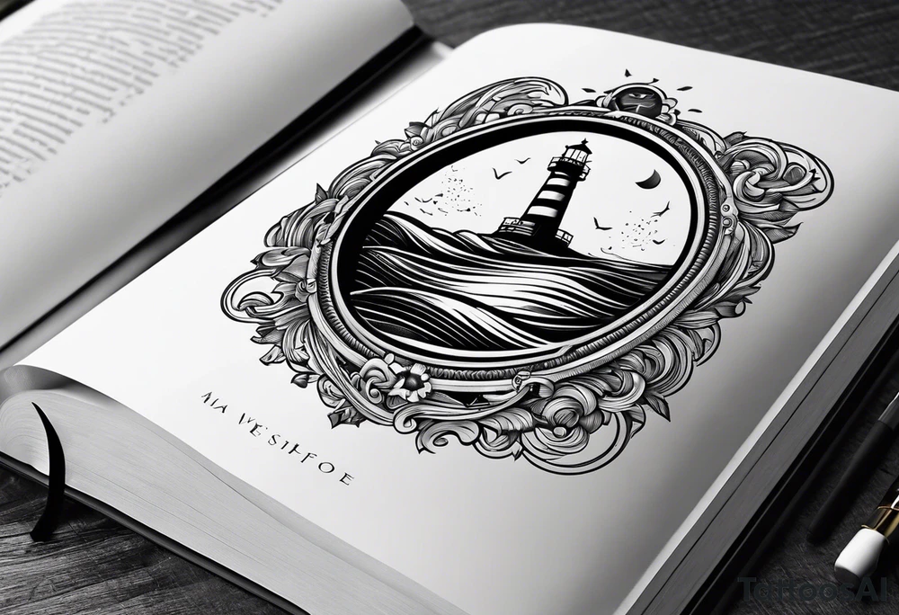 minimalist "open book" with a lighthouse in the middle and a clock and surrounded by waves tattoo idea