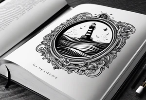 minimalist "open book" with a lighthouse in the middle and a clock and surrounded by waves tattoo idea