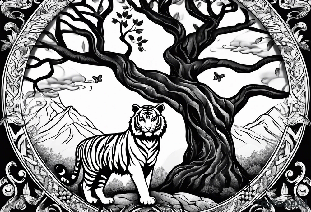 Tree of life with a tiger and a crown tattoo idea