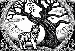 Tree of life with a tiger and a crown tattoo idea