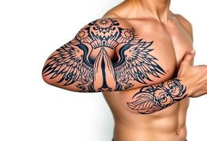 cast all your anxiety on him because he cares for you"  1 peter 5:7 surrounded with clouds and angels and praying hands tattoo idea
