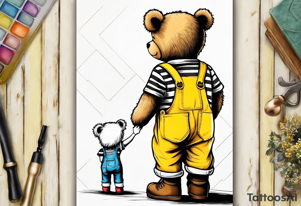 image of the back of a light brown teddy bear standing in yellow overalls, striped tank top and wearing boots and holding the hand of a little girl tattoo idea