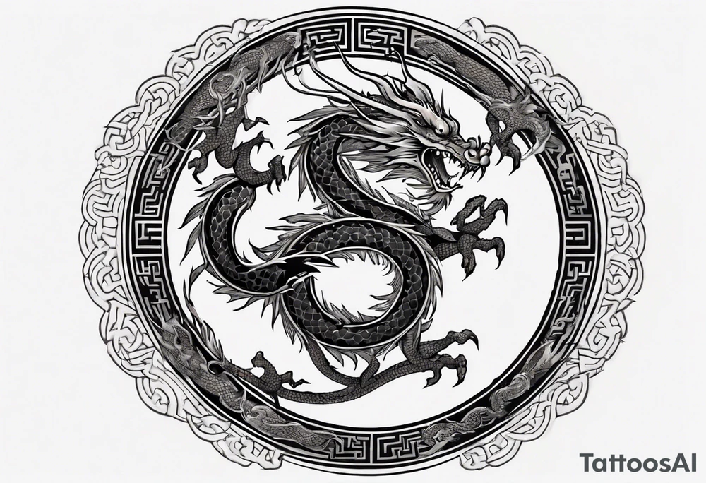 Chinese dragon in a circular shape with "02.03" written on its skin tattoo idea