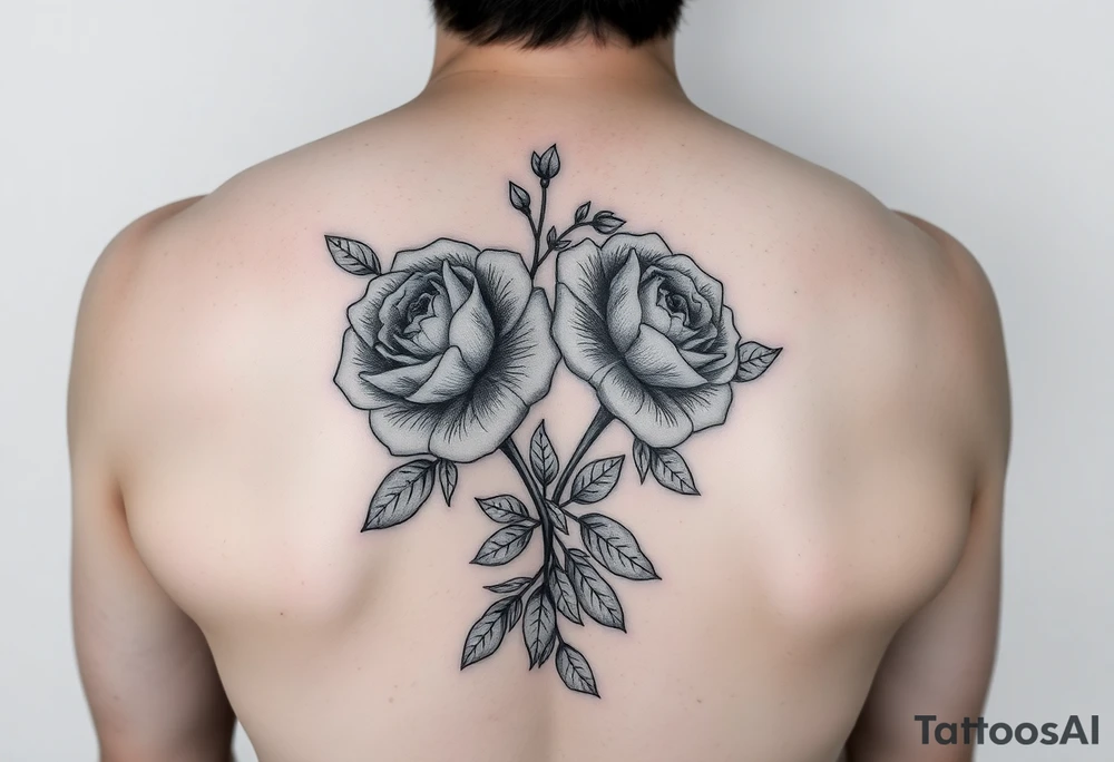 Traditional style black ink with 2 wild roses with forget me nots an olive branch and a lot of leaves for forearm tight together tattoo idea
