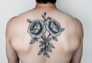Traditional style black ink with 2 wild roses with forget me nots an olive branch and a lot of leaves for forearm tight together tattoo idea