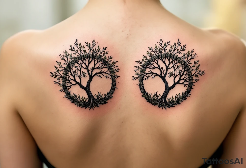 Two matching couples tattoos black tree rings with a splash of green leaves tattoo idea