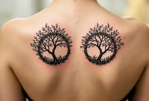 Two matching couples tattoos black tree rings with a splash of green leaves tattoo idea