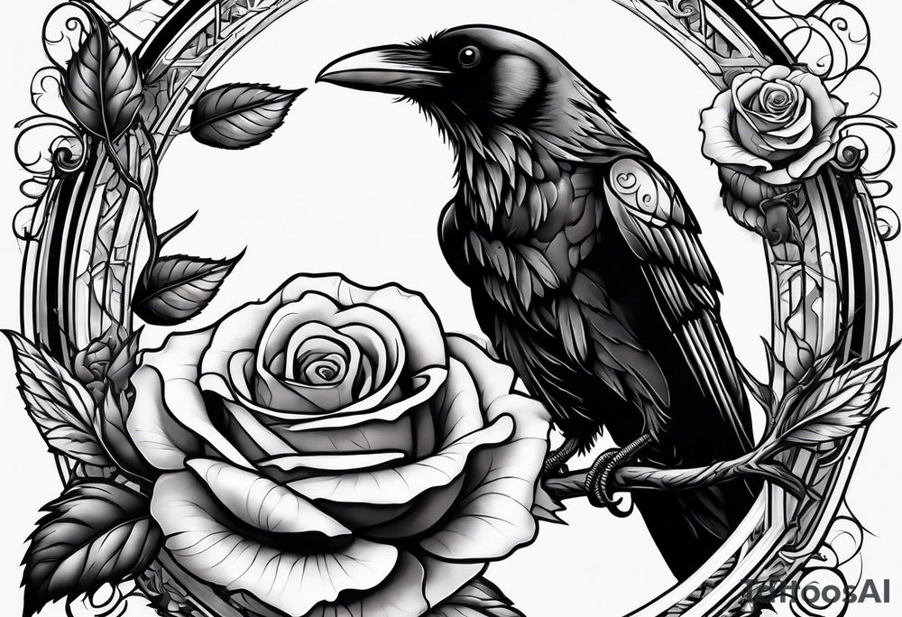 Raven holding  rose   by stem tattoo idea
