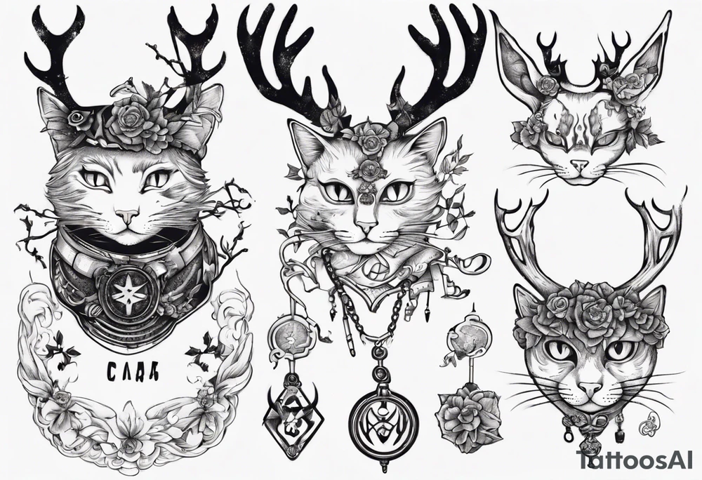 A cat with antlers and wearing a monacle tattoo idea