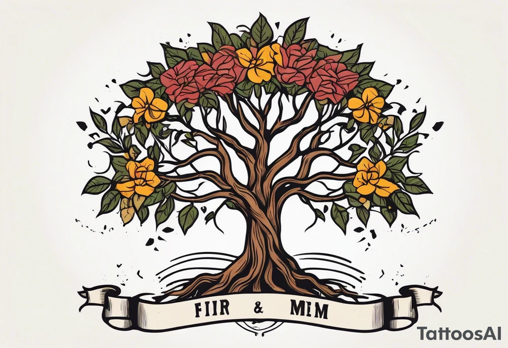 tree with roots 
and banner across

old school vintage simple traditional design with vintage flowers surrounding
bold color simple tattoo idea