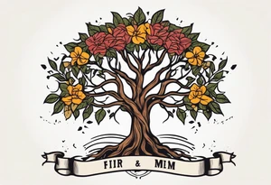 tree with roots 
and banner across

old school vintage simple traditional design with vintage flowers surrounding
bold color simple tattoo idea