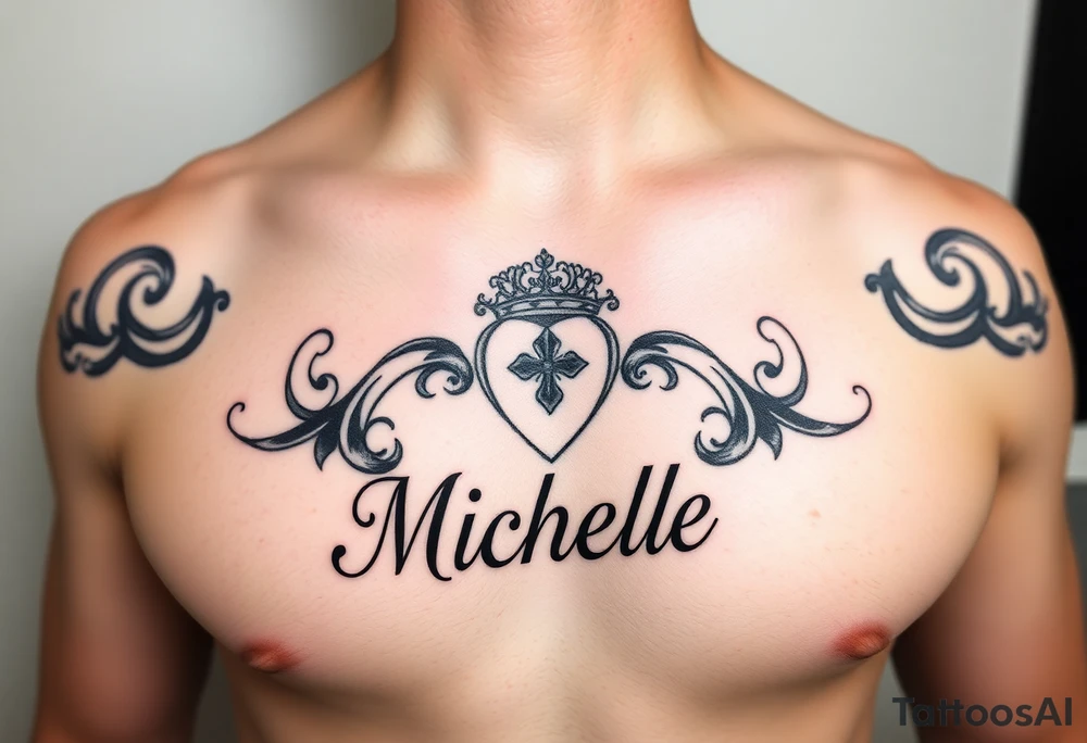Create a tattoo on a man’s chest if a woman’s name. Claddagh and the name Michelle. Irish themed tattoo idea