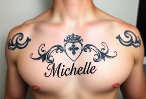 Create a tattoo on a man’s chest if a woman’s name. Claddagh and the name Michelle. Irish themed tattoo idea