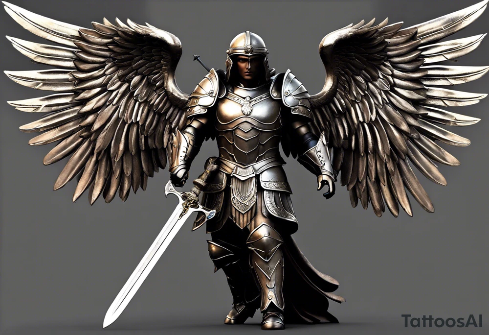 **Tattoo Design: Archangel Michael**

- **Central Theme**: Archangel Michael, majestic and powerful, stands ready with a raised sword, prepared to battle evil.
- **Appearance**: The figure of Archangel Michael depicted in full angelic armor, with majestic wings spread wide.
- **Expression**: His stance conveys strength, courage, and determination in defense of good.
- **Details**: Focus on intricate details such as facial features, armor embellishments, and the raised sword.
- **Background**: May be stylized as celestial, with rays of light or clouds, accentuating the divine presence of Archangel Michael.
- **Placement**: Intended for placement on the chosen body area, with the option to adjust the size according to personal preferences. tattoo idea