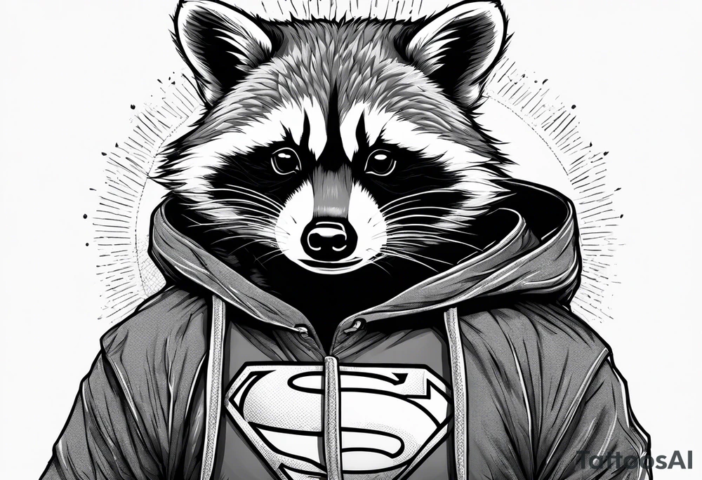raccoon wearing a Superman hoodie tattoo idea