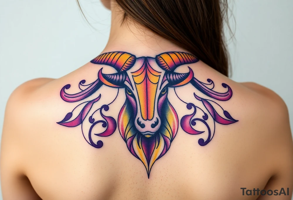 Powerful Taurus tattoo with purple and yellow tattoo idea