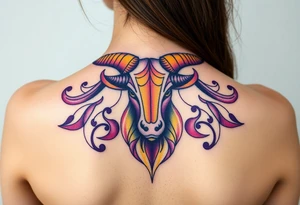 Powerful Taurus tattoo with purple and yellow tattoo idea